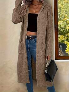 2025 New Autumn Double Pocket Slit Hem Hooded Knit Cardigan Long Sleeve Sweater For Women, Versatile Casual Top - Brown - View 3