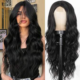 Black Wig For Women Long Wavy 4x1 Lace Natural Hairline Glueless For Beginners Middle Part Synthetic For Daily Party Use 26Inch