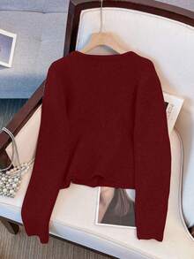 1pc Solid Color Front Button Round Neck Casual Loose Minimalist Metal Button Long Sleeve Sweater, Versatile Spring/Winter Tops For Women - Burgundy - View 3