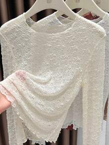 Camiseta de malla de playa de unicolor, blusa transparente con aplicación de encaje de manga larga elegante para mujer, otoño 2025