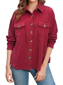 Women Corduroy Shirt Jacket Casual Solid Long Sleeve Button-Up Fall Coat With Pockets - Red - View 8
