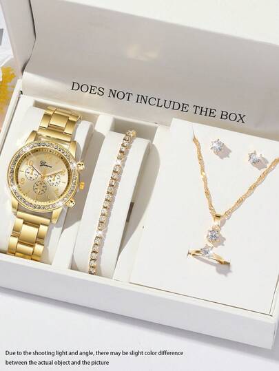 6pcs/Set Fashion Women's Round Steel Band Quartz Watch, Versatile Round Diamond Dial Watch, Can Be Matched With Bracelets, Necklaces, Earrings, Rings And Other Jewelry To Form A Jewelry Set, Suitable For Daily Wear, Formal Events And Other Occasions, Also Can Be Used For Holiday Decorations.