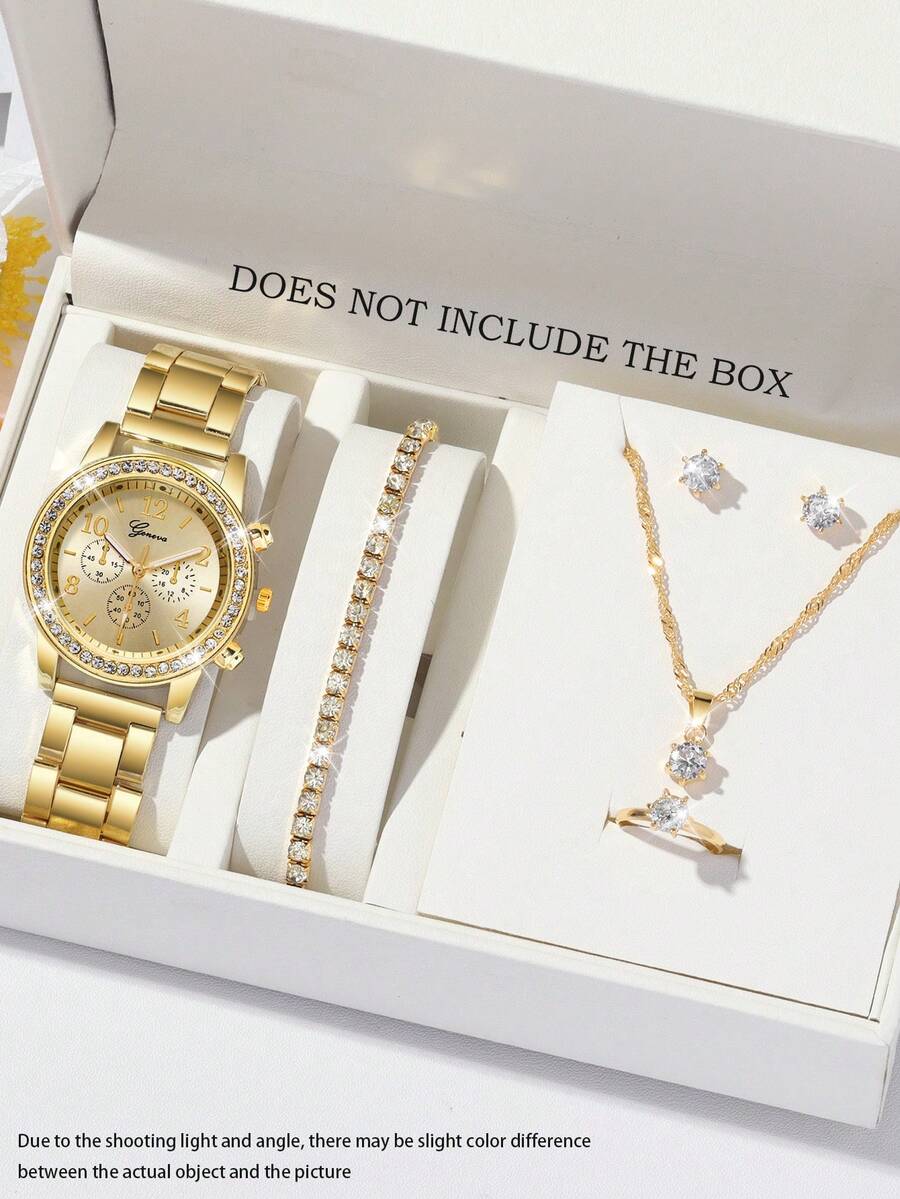 6件套时尚女士圆形钢带石英手表，百搭圆形钻石表盘手表，可与手链、项链、耳环、戒指和其他珠宝搭配成一套珠宝，适合日常佩戴、正式场合和其他场合，也可用于节日装饰。 - 金色 - 查看 1