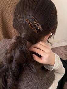 2pcs/Set Acetate Hair Clips Hollowed Oval Geometric Barrettes Side Pins Hairpin Women Hair Accessories Claw Clips, School Stuff, Head Accessories - 卡其黃 2 件/套 - 查看 7