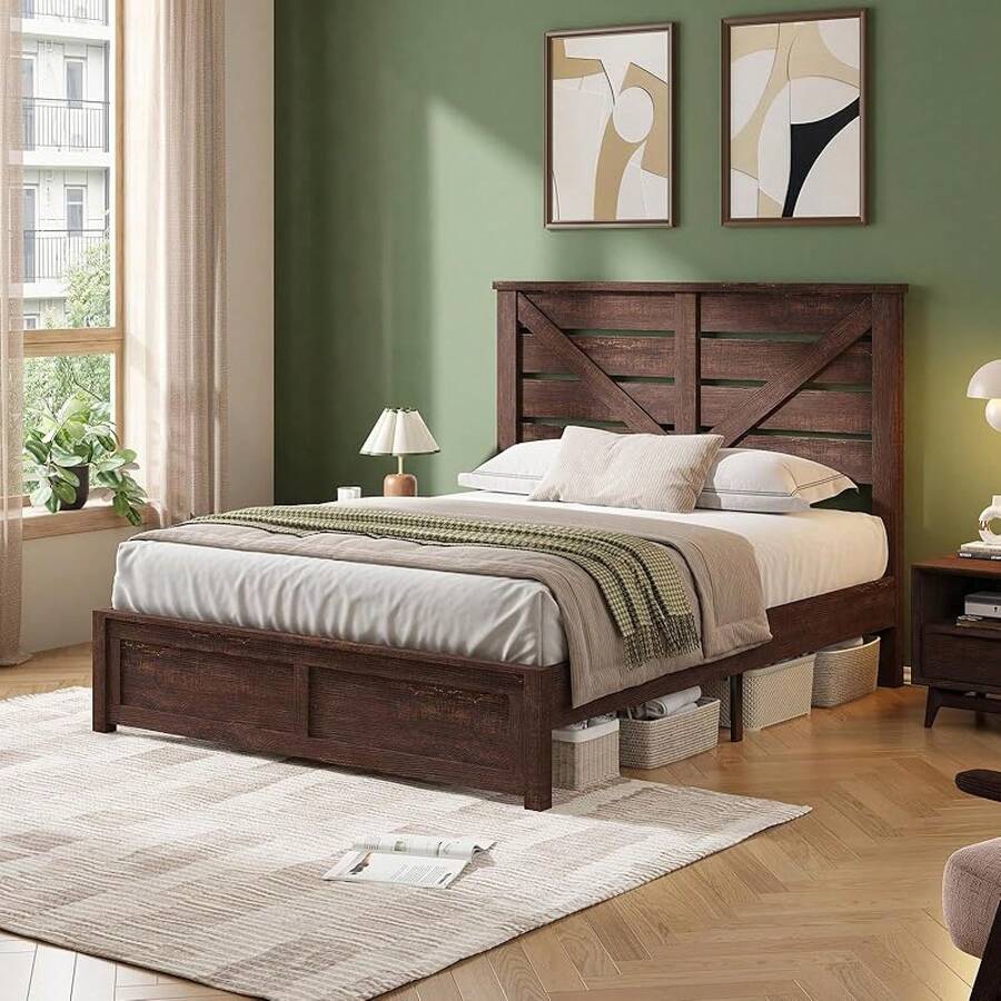 Full/Queen/King Size Platform Bed Frame With 49.2" Wooden Headboard, Farmhouse Bed Frame, Noise Free, Easy Assembly, No Box Spring Needed - Brown - View 1