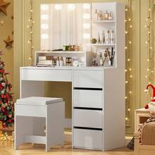 Tocador de Maquillaje con Taburete, Tocador Vanity con Espejo 3 Modos Luz LED Regulable, Mesa de Maquillaje para Dormitorio con 3 Cajones - Blanco - Ver 1