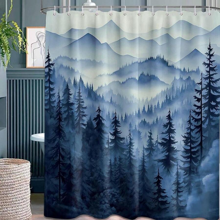 Mountain Shower Curtain Forest Nature Shower Curtains For Bathroom, Rustic Woodland Pine Tree Landscape Bathtub Curtain Men Bath Decor, Waterproof Fabric With Hooks (Blue,70''W X 96''L){"Color_name":"Blue","Size_name":"70\"Wx96\"L(Packof1)"} - 多色8 - 查看 1