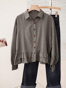 女士秋冬蓝色格子下摆荷叶边拼布衬衫，休闲装，通勤装，长袖衬衫，短款上衣