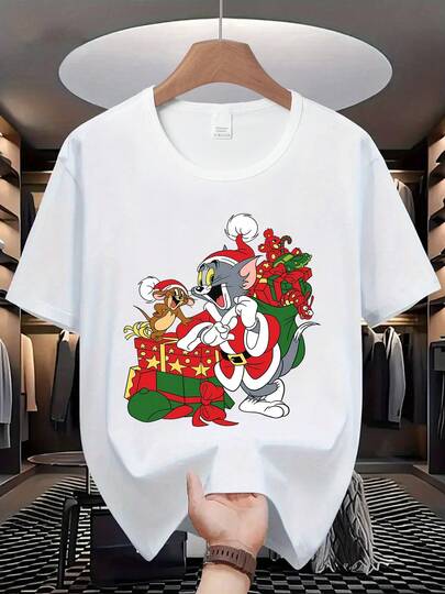 Warner Bros Men's Pajamas, Warner Bros Series Movie. Jerry And Tom Christmas Cartoon Graphic Print Crew Neck Short Sleeve T-Shirt, Men's Casual Fashion T-Shirt, Slightly Stretchy, Opaque, Easy Care Fabric, Suitable For Daily Wear, Men's Short Sleeve T-Shirt, Suitable For All Seasons