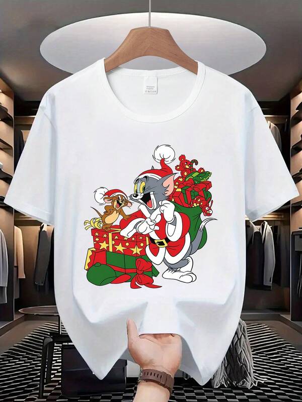Warner Bros Pijama de hombre, serie de películas de Warner Bros. Camiseta de cuello redondo de manga corta con estampado gráfico de dibujos animados de Jerry y Tom de Navidad, camiseta casual de moda para hombre, ligeramente elástica, opaca, de fácil cuidado, adecuada para uso diario, camiseta de manga corta para hombre, adecuada para todas las estaciones