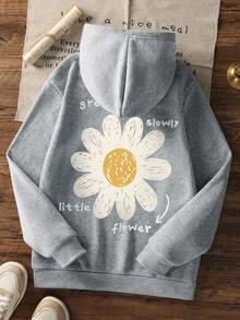 1件少女休闲印花套头卫衣，保暖内衬，长袖，秋冬季