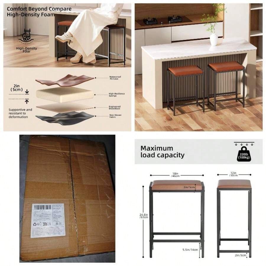 Bar Stools, Bar Chairs, Counter Height Kitchen Counter Stools With Footrests, Synthetic Leather Mid - Modern, 25 - Inch Tall, Kitchen, Dining Room, Counter, Cafe - Black - View 1