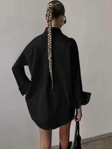 女士纯色宽松长袖商务面试通勤休闲简约衬衫，适合返校、毕业、办公、春夏秋季穿着 - 黑色 - 查看 6