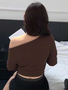 DAZY 1 Peça Camiseta Cropped Justa de Ombros à Mostra de Cor Sólida para Mulheres, Marrom, Manga Longa para Primavera/Verão/Outono, Blusas Femininas - Castanho - Visão 3