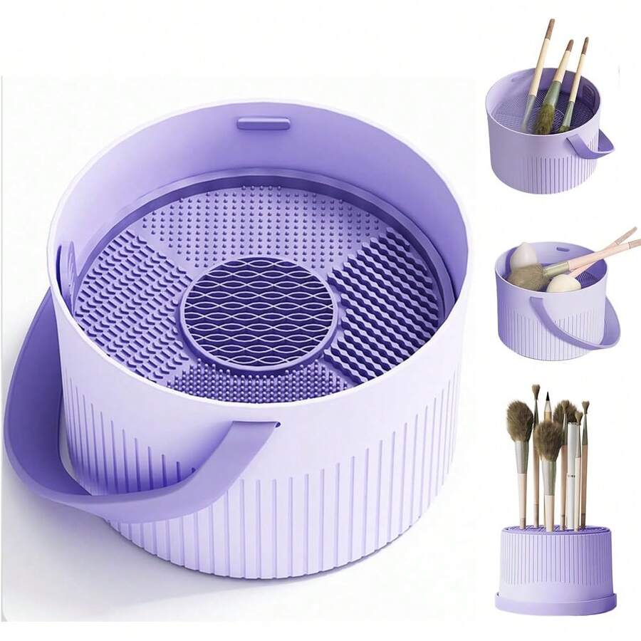 Caja de Limpieza de Brochas de Maquillaje Limpieza, Secado y Almacenamiento 3 en 1,Cepille el material del silicón de la limpieza y del almacenamiento del soplo del huevo de la belleza(Púrpura) - 1 - Ver 1