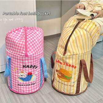 1pc Cartoon Creative Design Foldable Foot Bath Tub, With Lid (Insulation Function), Hand-Carry Design, Waterproof, Heat-Resistant & Odor-Free, Portable For Indoor/Outdoor Use (Expanded: 66cm*33cm; Storage: 32cm*10cm) (Wellness & Fun Style) - Vibrant Cartoon Patterns (Youthful & Eye-Catching), Durable Water-Resistant Fabric