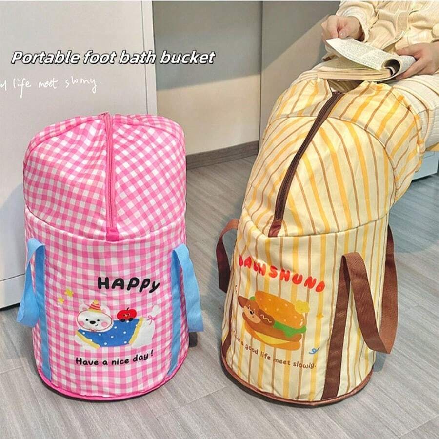 1pc Cartoon Creative Design Foldable Foot Bath Tub, With Lid (Insulation Function), Hand-Carry Design, Waterproof, Heat-Resistant & Odor-Free, Portable For Indoor/Outdoor Use (Expanded: 66cm*33cm; Storage: 32cm*10cm) (Wellness & Fun Style) - Vibrant Cartoon Patterns (Youthful & Eye-Catching), Durable Water-Resistant Fabric - Multicolor - View 1