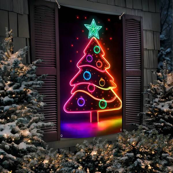 Glow In The Dark Graffiti Christmas Tree Curtain - Fluorescent Christmas Banner, Indoor/Outdoor Holiday Decor, No Power Needed, Polyester Fiber (Fluorescent And Natural Light Effects Shown In Picture)
