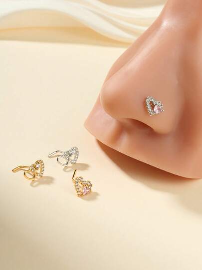 1 Stück eleganter Nasenstecker aus Edelstahl mit kubischem Zirkonia in Herzform, Nasenring in Silber/Gold, Unisex Nasen-Piercing Schmuck für den täglichen Gebrauch