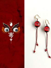 1 Pair Vintage Handmade Woven Rope Glass Earrings, 925 Sterling Silver Jewelry, Bohemian Style Tassel Women's Ear Hook Earrings, New Chinese Earrings, God Of Wealth Earrings, Suitable For Women To Wear, Parties, Halloween, Christmas Gifts, (Red Faced God Of Wealth - Attract Peach Blossoms, White Faced God Of Wealth - Prosperous Career)