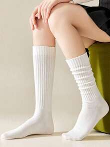 2 Pairs Women's Black & White Simple Slimming Calf Socks, Warm Long Socks Suitable For Daily Wear With Leather Shoes, Autumn/Winter - trắng - Xem 3