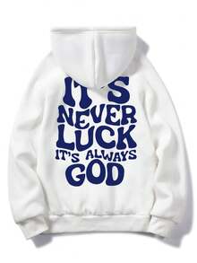 ONE WAVE 男士秋冬标语“这绝非运气，而是上帝的旨意”印花极简黑色连帽衫 - 白色 - 查看 4