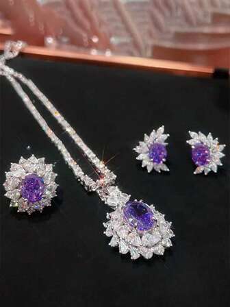 3pcs/Set (Can Be Selected Individually) High-End Faux Gemstone Purple 3 PiecesJewelry Set: Earrings, Necklace, Ring, Luxurious & Versatile Fashion Jewelry Suitable For Women's Daily, Banquet, Party Wear, Gift For Girlfriend/Wife