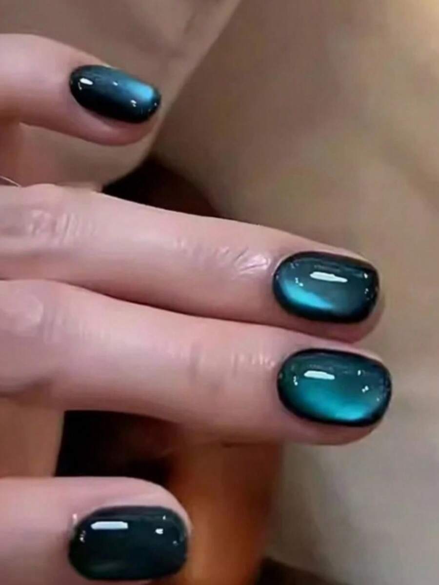 30 móng giả acrylic vuông ngắn, đính đá mắt mèo, màu hồng và nâu trong suốt bóng, hạt thủy tinh có thể tháo rời, thích hợp cho kiểu móng Pháp. - Màu xanh lam - Xem 1