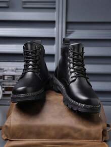 Men's High Top Combat Ankle Boots, Side Zipper Lace Up Faux Leather Casual Work Boots, Non-Slip Wear-Resistant Thick Sole Outdoor Hiking Boots For Men Fall Winter Daily Wear - 黑色 - 查看 2