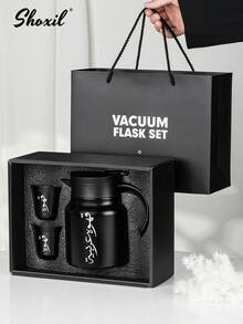 shoxil 3pcs/Set Stainless Steel Arabic Coffee Pot Set – 1000ml Vacuum Insulated Coffee Carafe With 2 Double-Walled Cups, Heat & Cold Resistant, Traditional Gift For Home, Office, Serving - Black - View 2