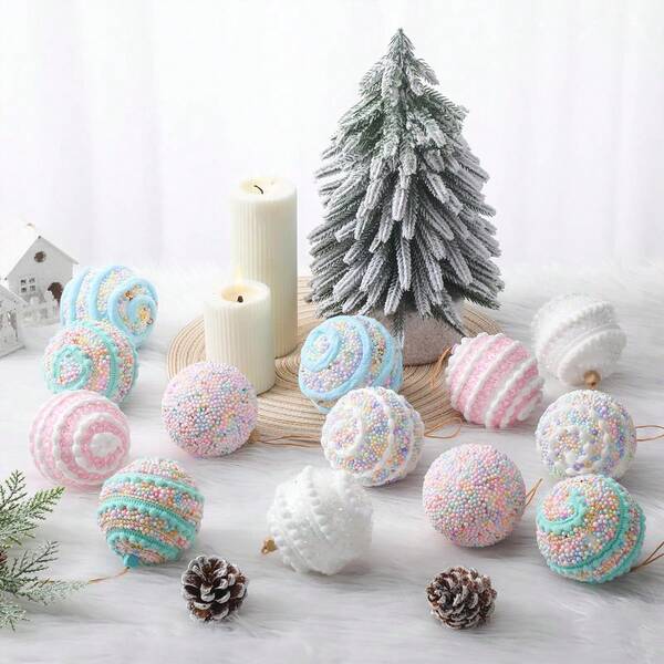 6pcs Candy Christmas Ornaments Pastel Peppermint Christmas Tree Ball Ornament Set, Macaron Shatterproof Glitter Foam Balls Xmas Tree Hanging Decor For Christmas, New Year, Birthday Party Supplies (Slight Glue Overflow Does Not Affect Normal Use)