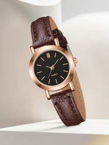 1枚女裝手錶，圓形指針石英手錶 - 棕色 - 查看 5
