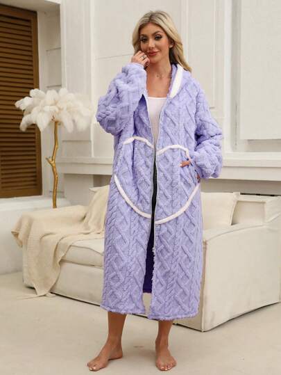 Set pigiama invernale da donna, accappatoio con cappuccio, chiusura lampo lunga, pigiama in pile morbido e caldo, accappatoio, abbigliamento da casa