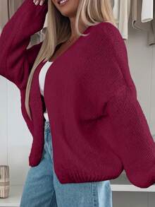 女士休闲宽松前开衫，纯色长袖针织短开衫，罗纹细节设计蓬松针织优雅毛衣，低弹性，温暖舒适，适合户外和室内穿着，秋冬 - 酒紅色 - 查看 2