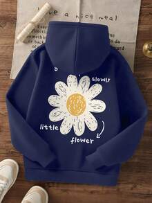 1pc Tween Girl Casual Printed Pullover Sweatshirt, Thermal Lined, Long Sleeve, Autumn/Winter Student Clothing - Navy Blue - View 4