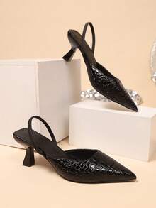 1 Pair Teenage Girls' Stiletto Sandals, Featuring Minimalist Stone Pattern Design, Fashion Casual With Adjustable Heel Strap, Suitable For Daily Wear And Party, Pointed Toe Sandals - Black - View 7