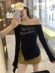 复古美式坏蛋不对称字母水钻缀饰长袖T恤，修身斜肩上衣，适合初秋 - 黑色 - 查看 4