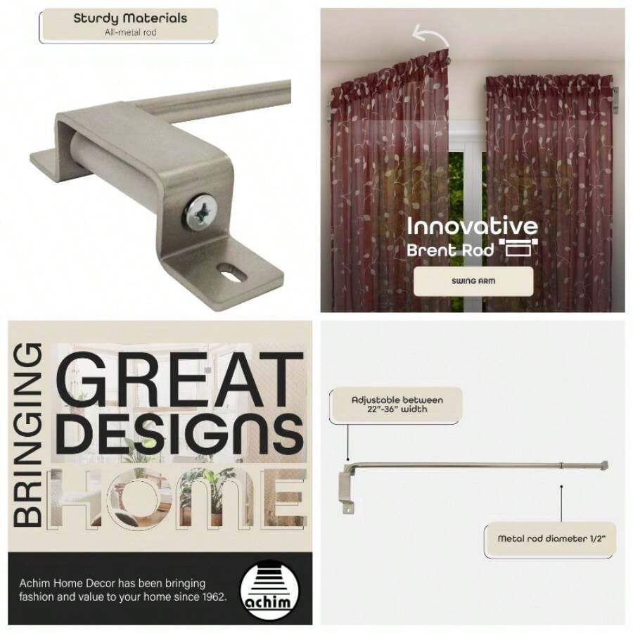 Innovadora barra de cortina de ventana con brazo oscilante, nquel, dimetro de barra de 1/2 pulgadas para ventanas de 20 a 36 pulgadas, barras de cortina de acero inoxidable resistentes para recmara, sala de estar, cocina y bao - Níquel - Ver 1