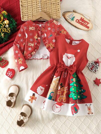 Conjunto de 2 piezas de chaqueta de manga larga de punto suave y vestido tejido con gráficos de lazo navideño, árbol de Navidad, Papá Noel, hombre de jengibre, copo de nieve y reno, adecuado para uso al aire libre, otoño/invierno, para niñas