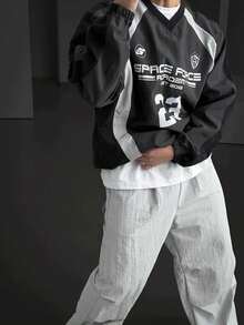 复古字母撞色拼接休闲宽松V领长袖上衣 春季 - 深灰色 - 查看 2