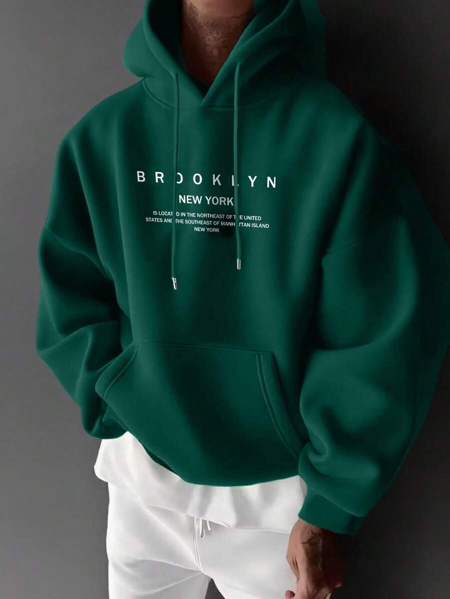 男士休闲时尚标语印花袋鼠口袋抽绳连帽衫，保暖内衬，秋冬款 - 綠色 - 查看 1