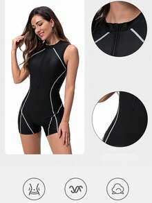 1 Piece Women's Fashion Slimming Surfing Swimsuit, Sexy Women's One Piece Swimsuit With Front Zipper For Diving And Surfing, Summer - 黑色 - 查看 7