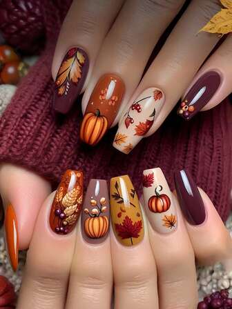 使用 24 件中号棺材形状按压指甲改变您的指甲，复古秋冬麦穗和南瓜芦苇图案人造指甲，优雅经典枫叶橙色落叶设计，全覆盖假指甲，适合女性和女孩，包括 1 张粘合标签和 1 个迷你锉刀条果冻凝胶，随机发货