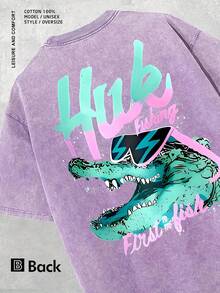2026 "Huk Fishing First Fish" Men's Vintage-Style Printed T-Shirt, Featuring A Fun Crocodile Pattern Print, Casual Round Neck, Short Sleeves, 230g Washed Cotton, Summer Outdoor Apparel, An Ideal Gift For Fishing Enthusiasts - 灰色的 - 查看 8
