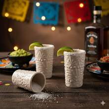 MEXTEQUIL - Vasos Tequileros de Cerámica Talavera Auténtica Mexicana, Set de 4 - Encaje Azul - Encaje Blanco - Ver 2