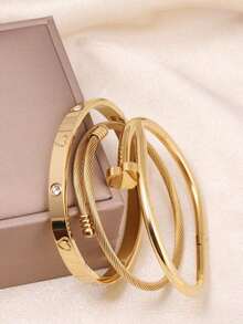 3pcs Fashionable Stainless Steel High Quality Flower Zirconia Women Nail Bangle Bracelet Jewelry Set, Suitable For Daily Wear - Vàng - Xem 3