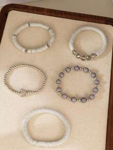 5pcs/Set Elegant Gray Soft Ceramic Heart Bead Multi-Layer Bracelet Set, Artificial Crystal Elastic Bracelet, Suitable For Ladies Daily Wear, Dating, Party, Mother's Day, Friendship Bracelet - Multicolor 2 - View 4