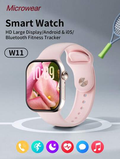 Microwear 2.07" Full Touch Screen Unisex Smart Watch, Compatible With IPhone, Samsung, Android Phones, Supports Bluetooth Calling, Heart Rate & Sleep Monitoring, IP68 Waterproof, Pink