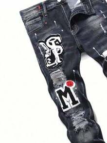 Men's Slim Fit Regular Letter Graphic Distressed Stretch Denim Jeans - Black - View 6