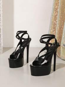 女士高跟时尚凉鞋，亮色搭扣，16厘米超高性感细高跟鞋，夜店凉鞋，尺码 35-42 - 黑色 - 查看 5